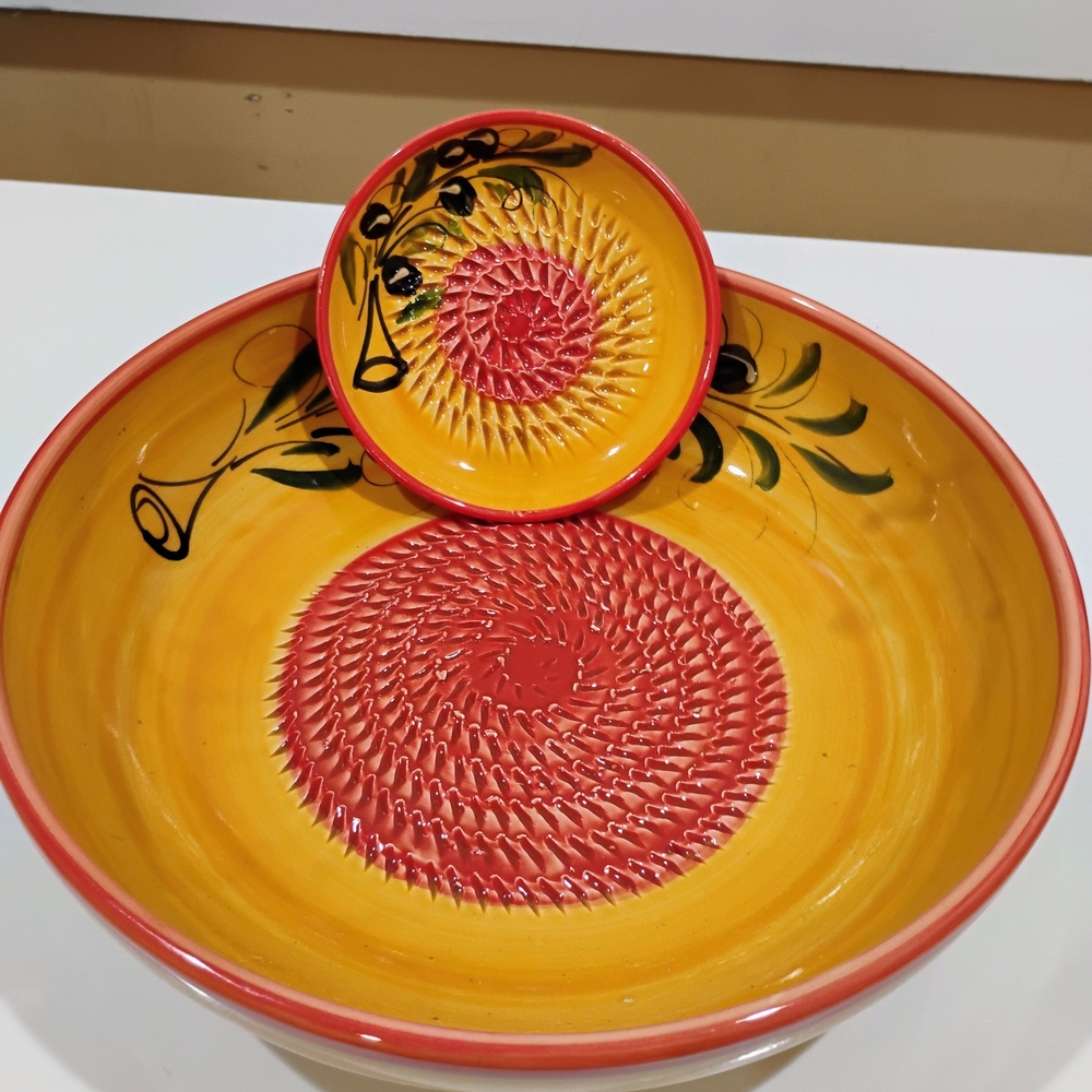 Hand-Painted Yellow and Red Ceramic Serving Bowl Set